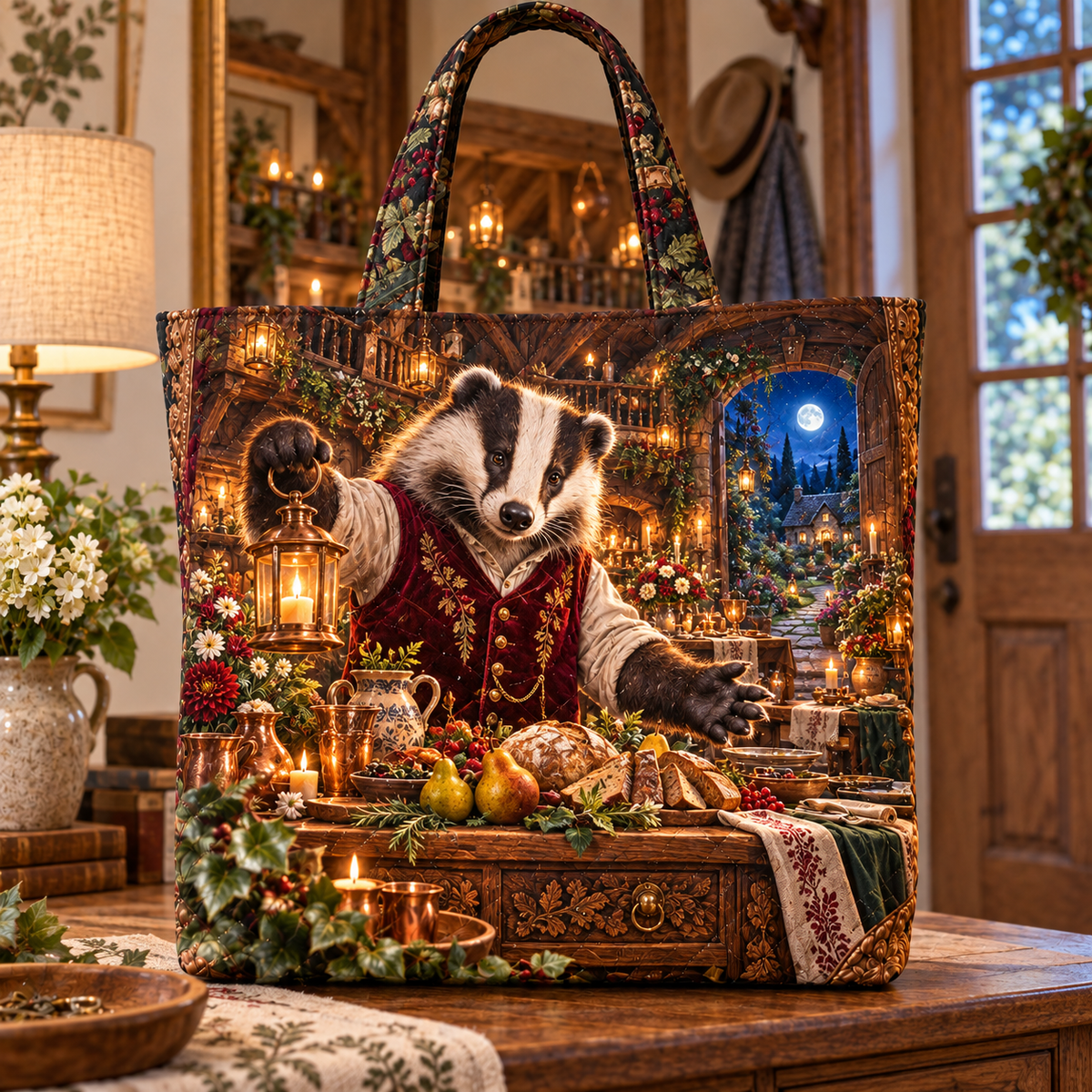 Woodland Badger Supper Hall Quilted Tote Bag with printed optical 3D artwork in its use setting