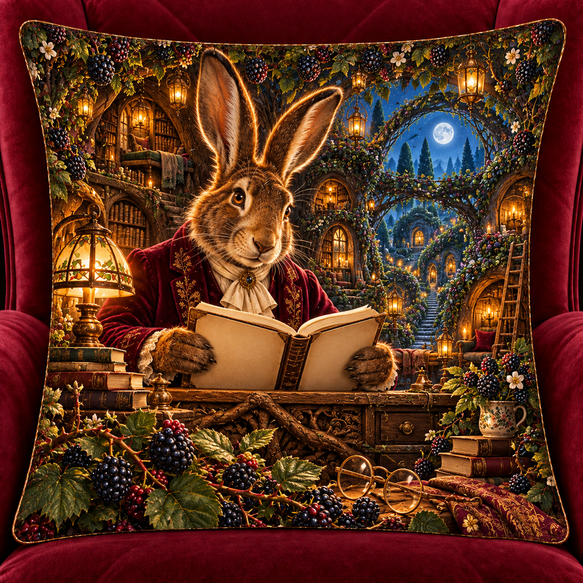 Bramble Hare Story Portal Quilted Cushion Cover with printed optical 3D artwork in its use setting