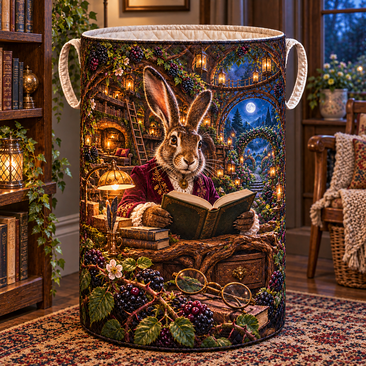 Bramble Hare Story Portal Laundry Hamper with printed optical 3D artwork in its use setting