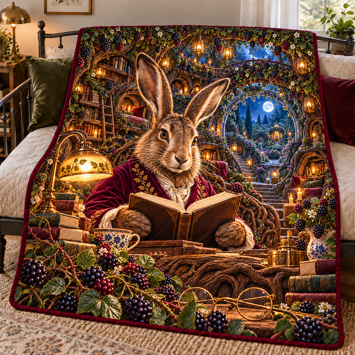 Bramble Hare Story Portal Quilt Blanket with printed optical 3D artwork in its use setting
