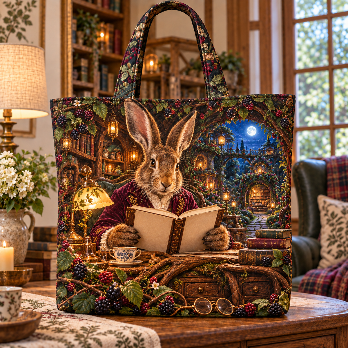 Bramble Hare Story Portal Quilted Tote Bag with printed optical 3D artwork in its use setting