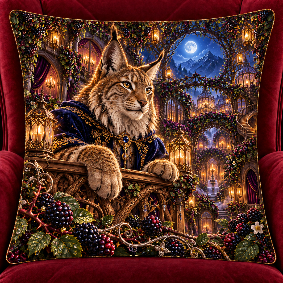 Midnight Lynx Bramble Canopy Quilted Cushion Cover with printed optical 3D artwork in its use setting
