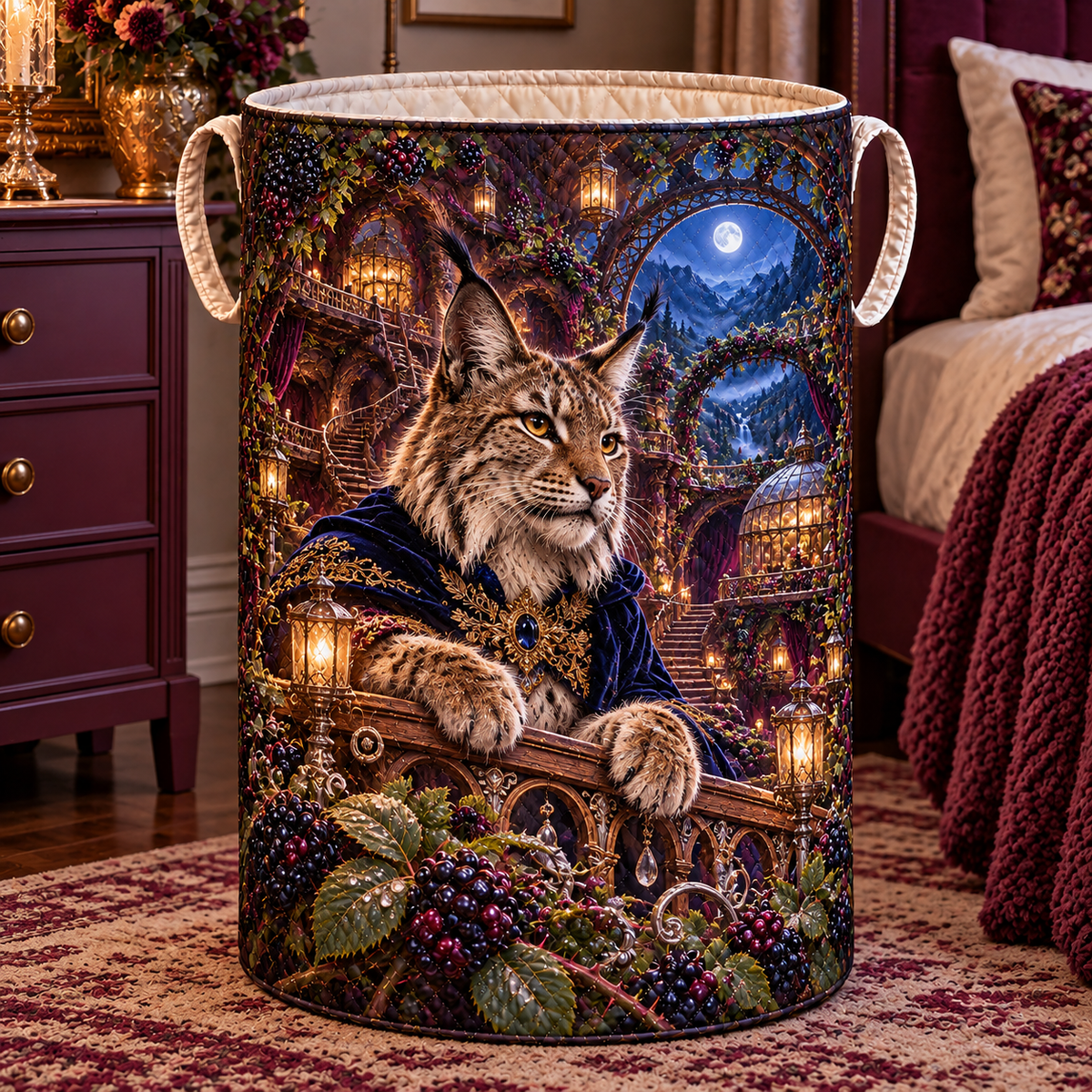 Midnight Lynx Bramble Canopy Laundry Hamper with printed optical 3D artwork in its use setting