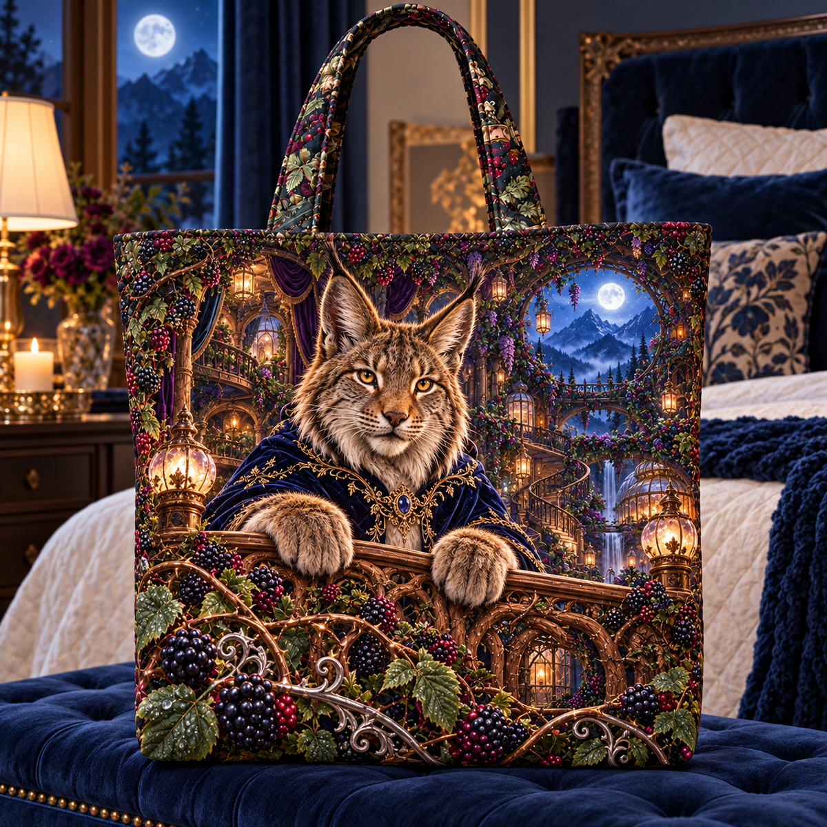 Midnight Lynx Bramble Canopy Quilted Tote Bag with printed optical 3D artwork in its use setting