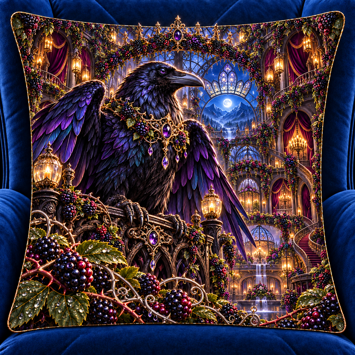 Blackberry Raven Crown Atrium Quilted Cushion Cover with printed optical 3D artwork in its use setting