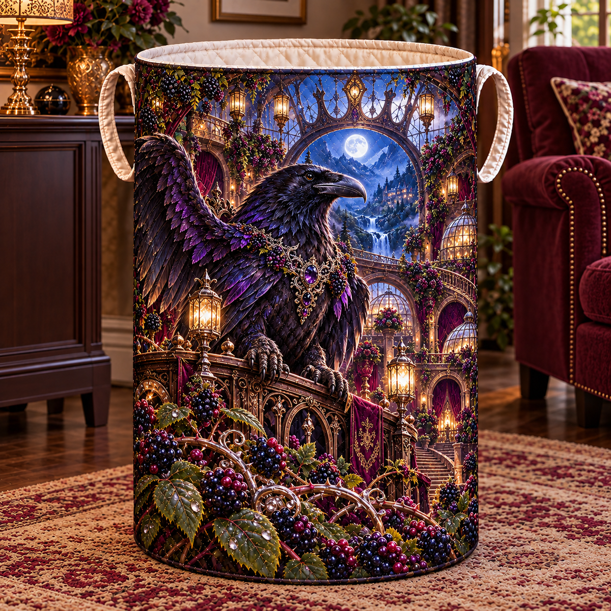 Blackberry Raven Crown Atrium Laundry Hamper with printed optical 3D artwork in its use setting