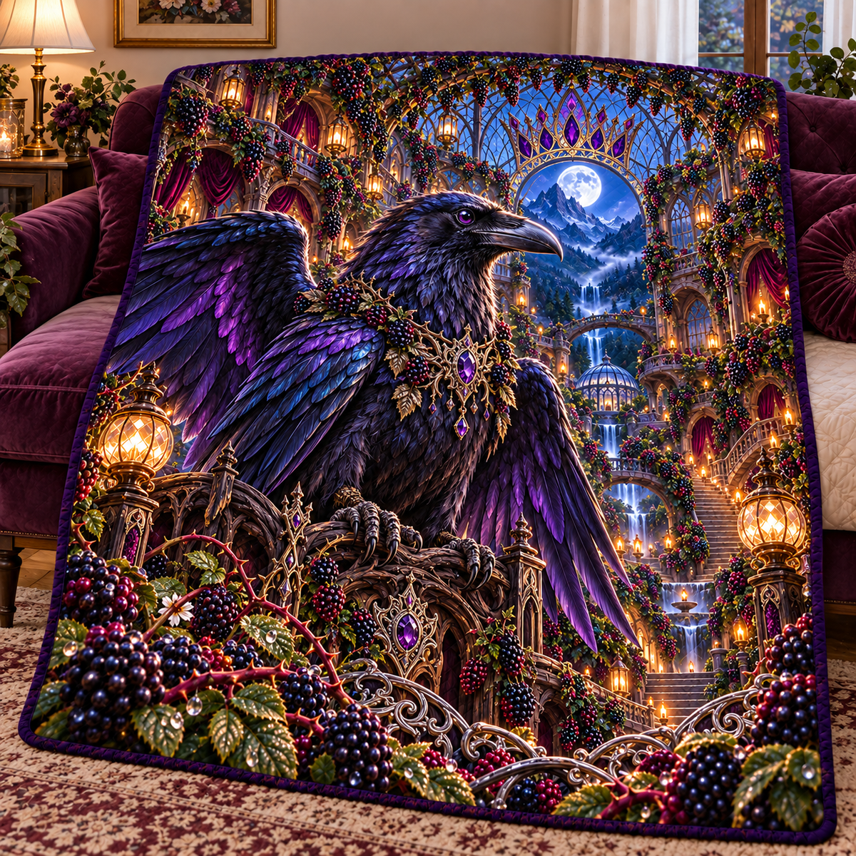 Blackberry Raven Crown Atrium Quilt Blanket with printed optical 3D artwork in its use setting