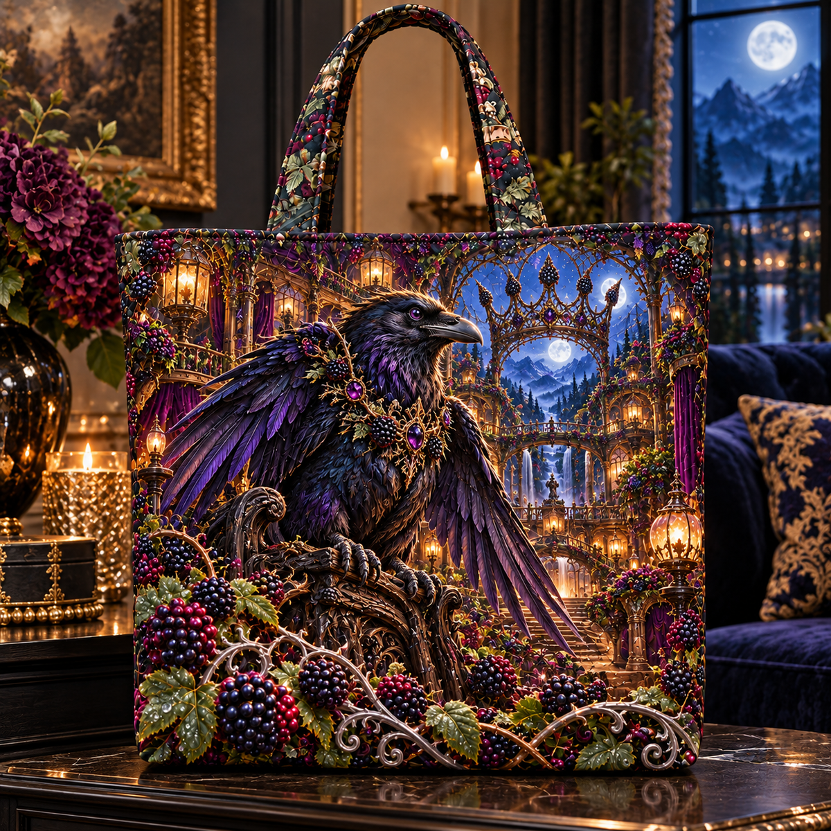Blackberry Raven Crown Atrium Quilted Tote Bag with printed optical 3D artwork in its use setting