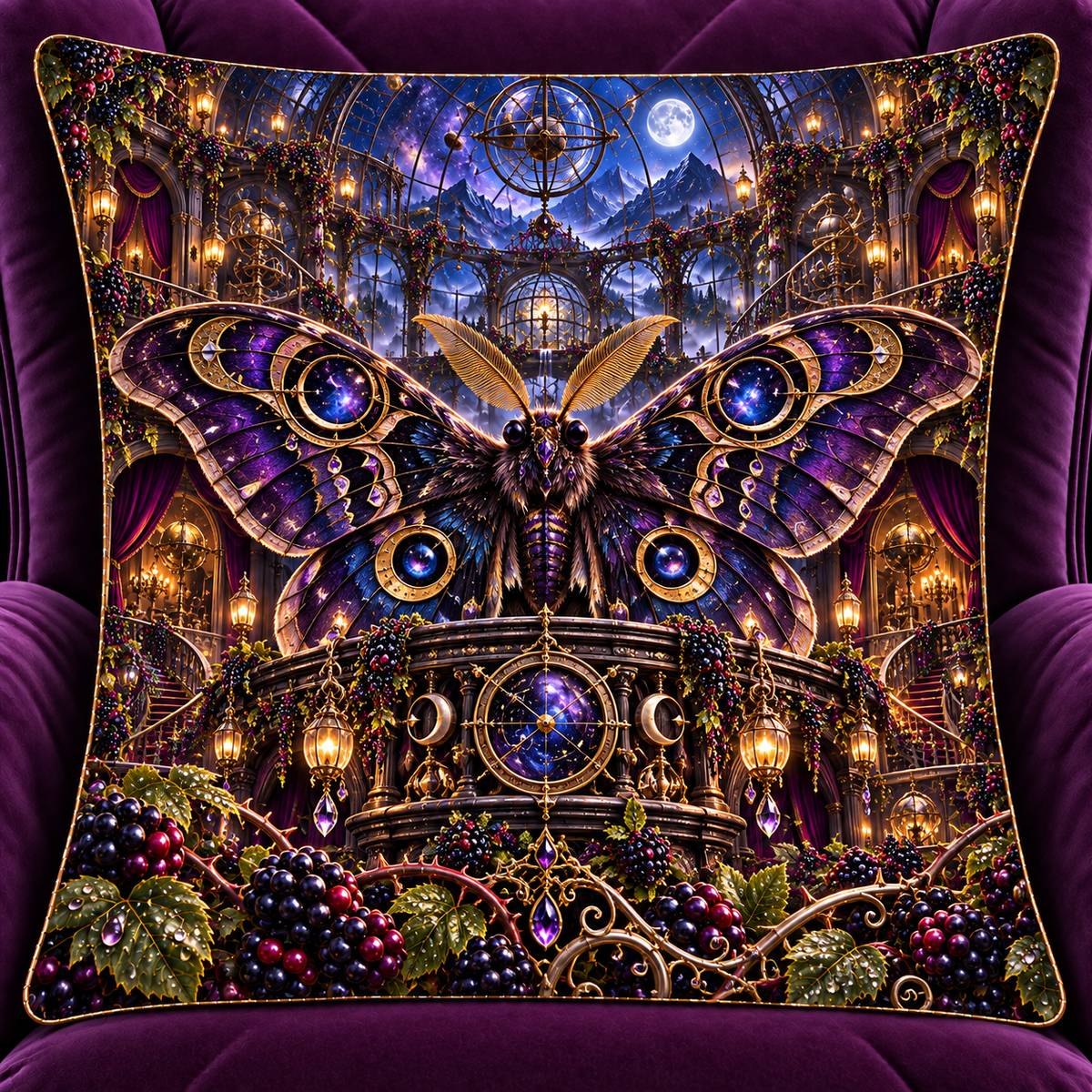 Berry Atlas Moth Observatory Quilted Cushion Cover with printed optical 3D artwork in its use setting
