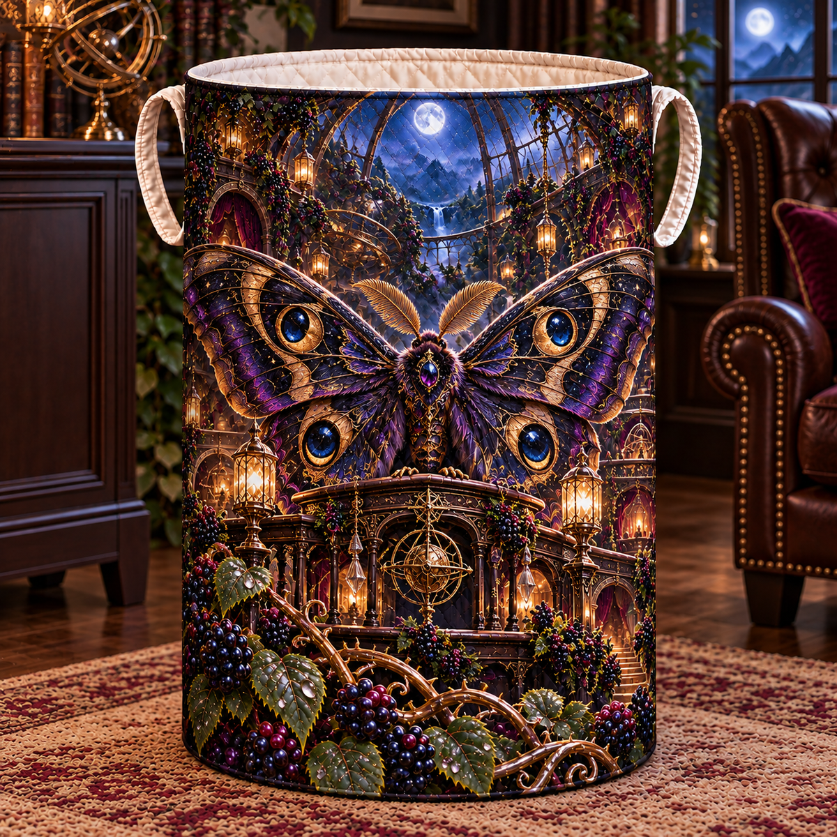 Berry Atlas Moth Observatory Laundry Hamper with printed optical 3D artwork in its use setting