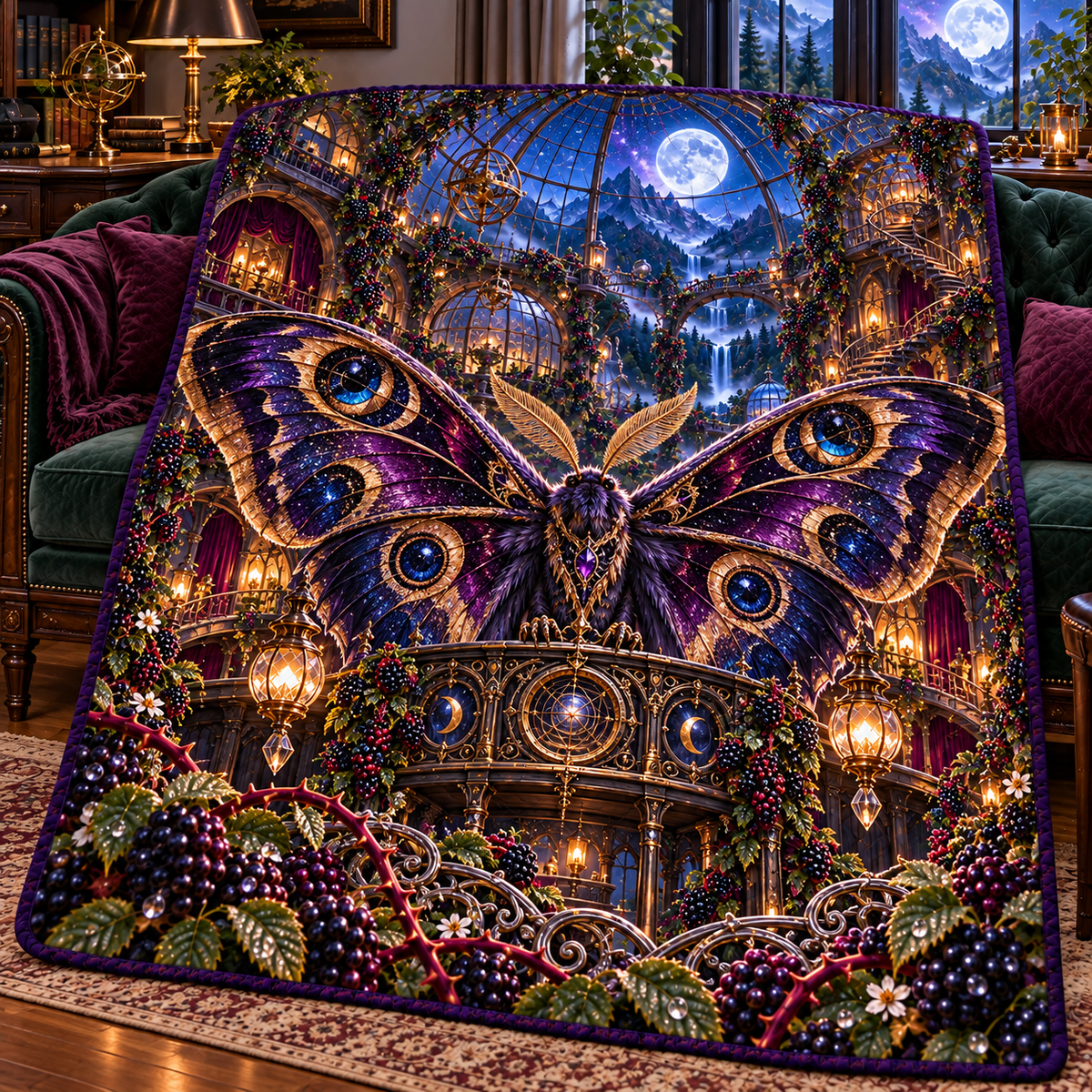 Berry Atlas Moth Observatory Quilt Blanket with printed optical 3D artwork in its use setting