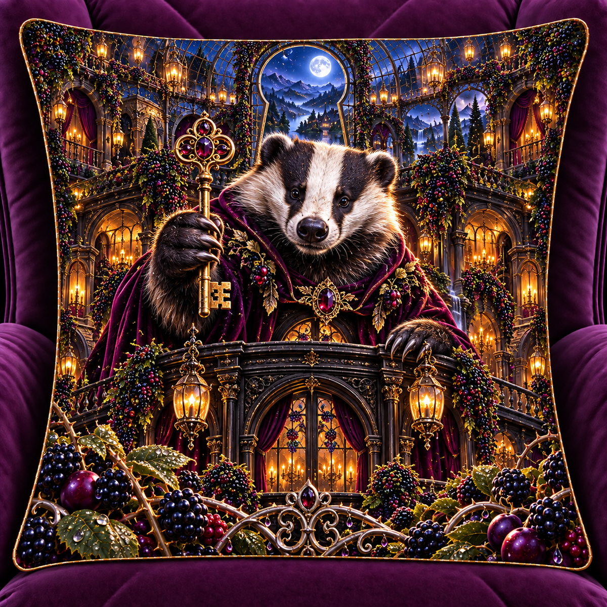 Bramble Badger Keyhouse Quilted Cushion Cover with printed optical 3D artwork in its use setting