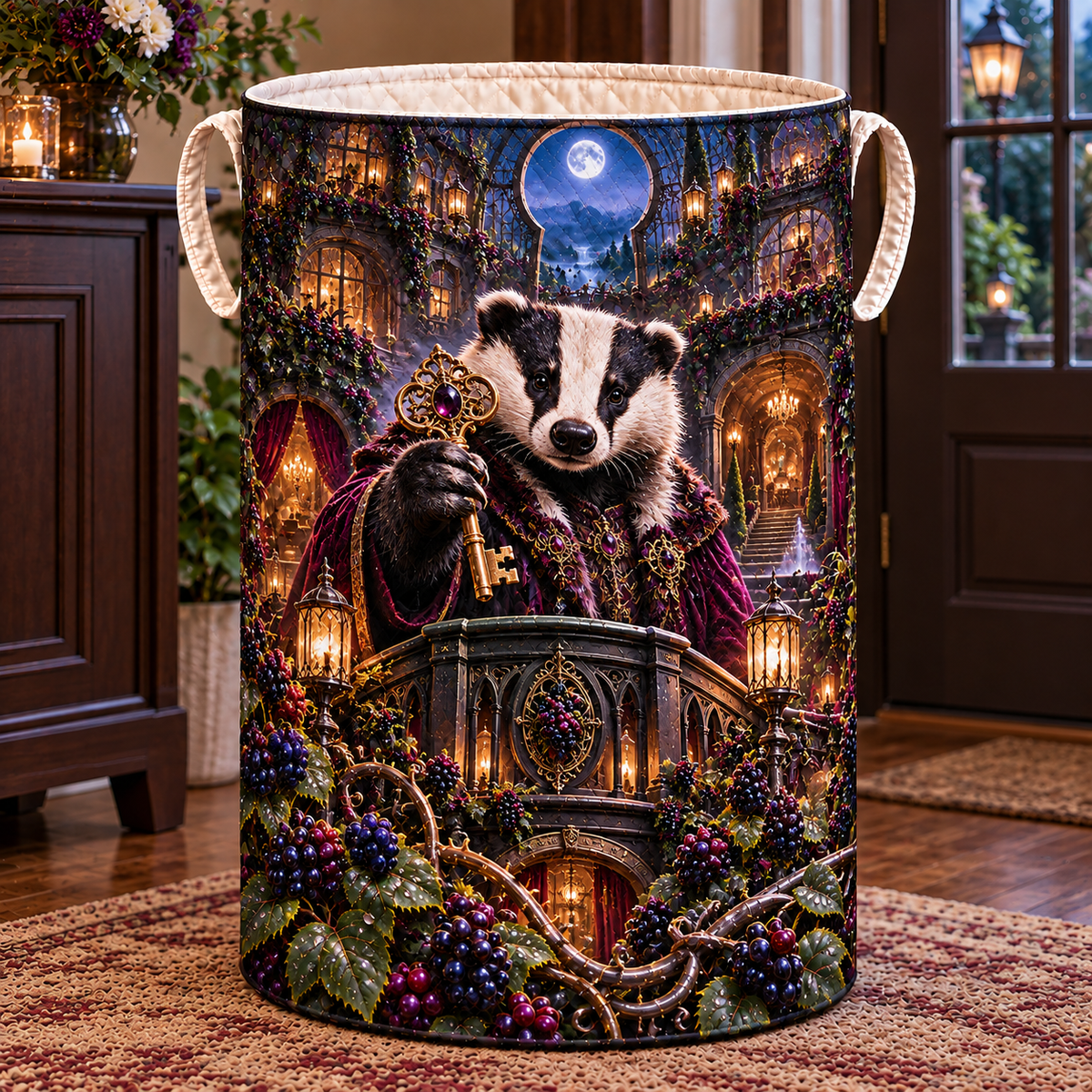 Bramble Badger Keyhouse Laundry Hamper with printed optical 3D artwork in its use setting