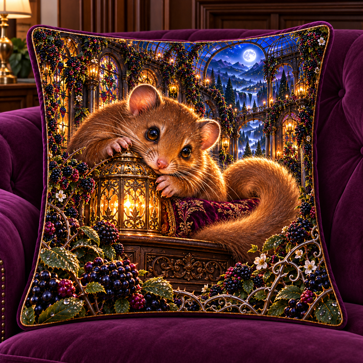 Midnight Dormouse Bramble Nook Quilted Cushion Cover with printed optical 3D artwork in its use setting