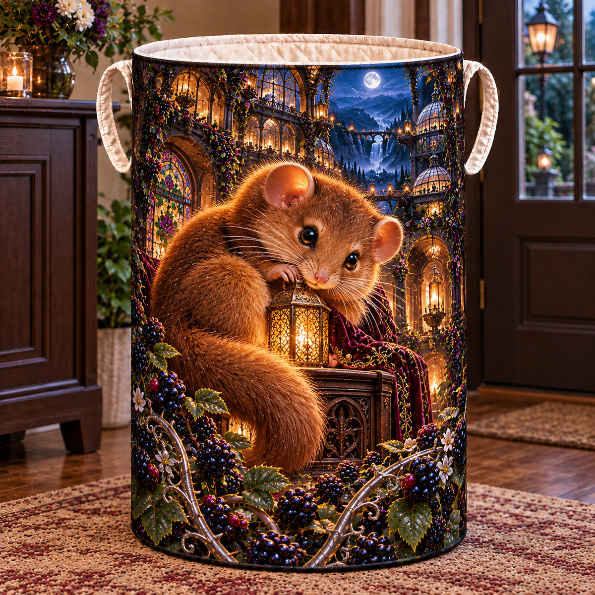 Midnight Dormouse Bramble Nook Laundry Hamper with printed optical 3D artwork in its use setting