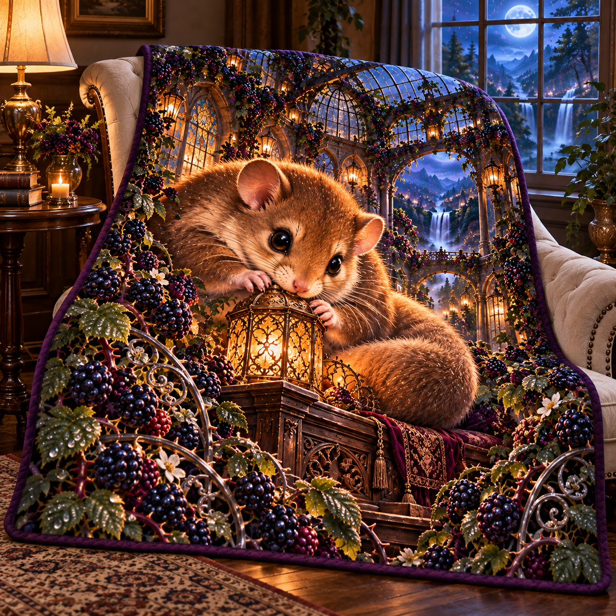 Midnight Dormouse Bramble Nook Quilt Blanket with printed optical 3D artwork in its use setting