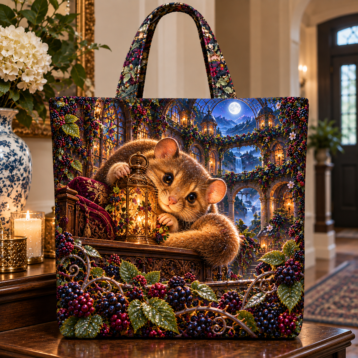 Midnight Dormouse Bramble Nook Quilted Tote Bag with printed optical 3D artwork in its use setting