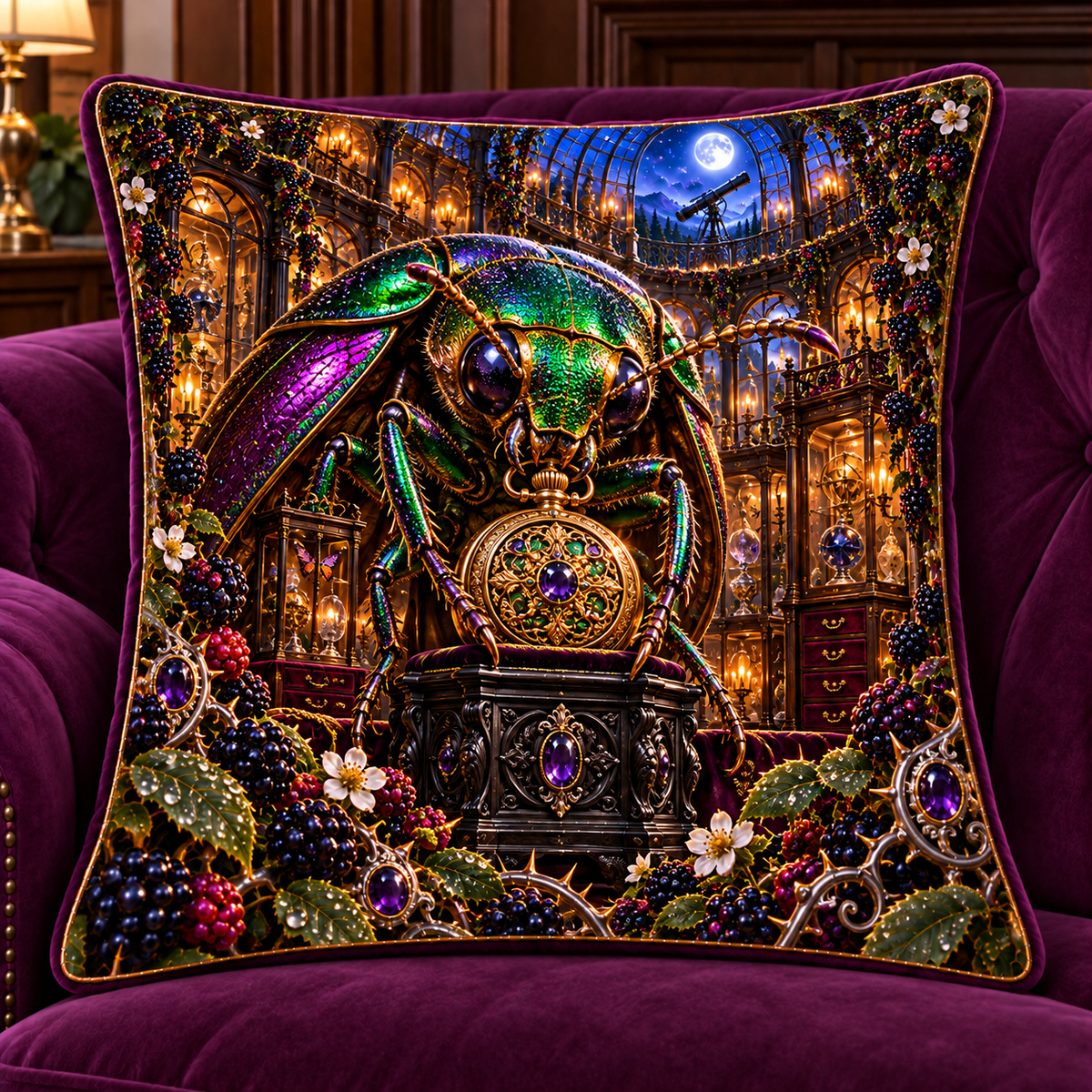 Jewel Beetle Curio Vault Quilted Cushion Cover with printed optical 3D artwork in its use setting