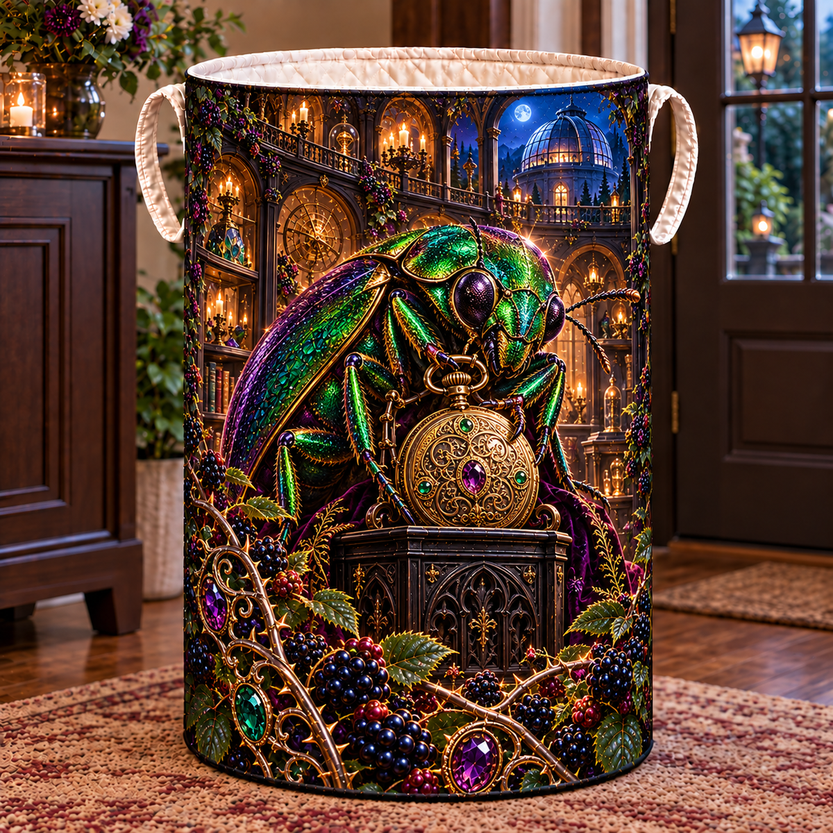 Jewel Beetle Curio Vault Laundry Hamper with printed optical 3D artwork in its use setting
