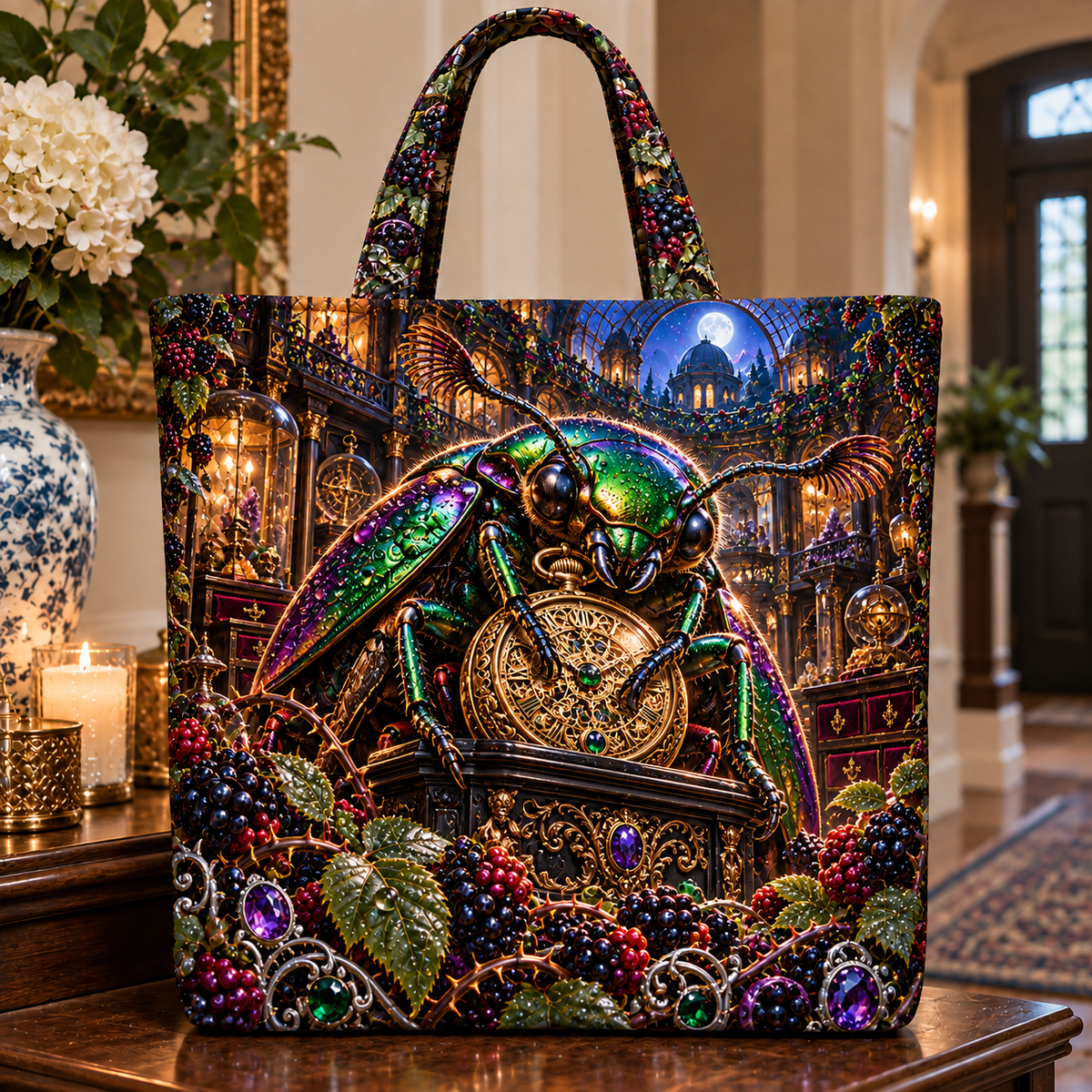Jewel Beetle Curio Vault Quilted Tote Bag with printed optical 3D artwork in its use setting