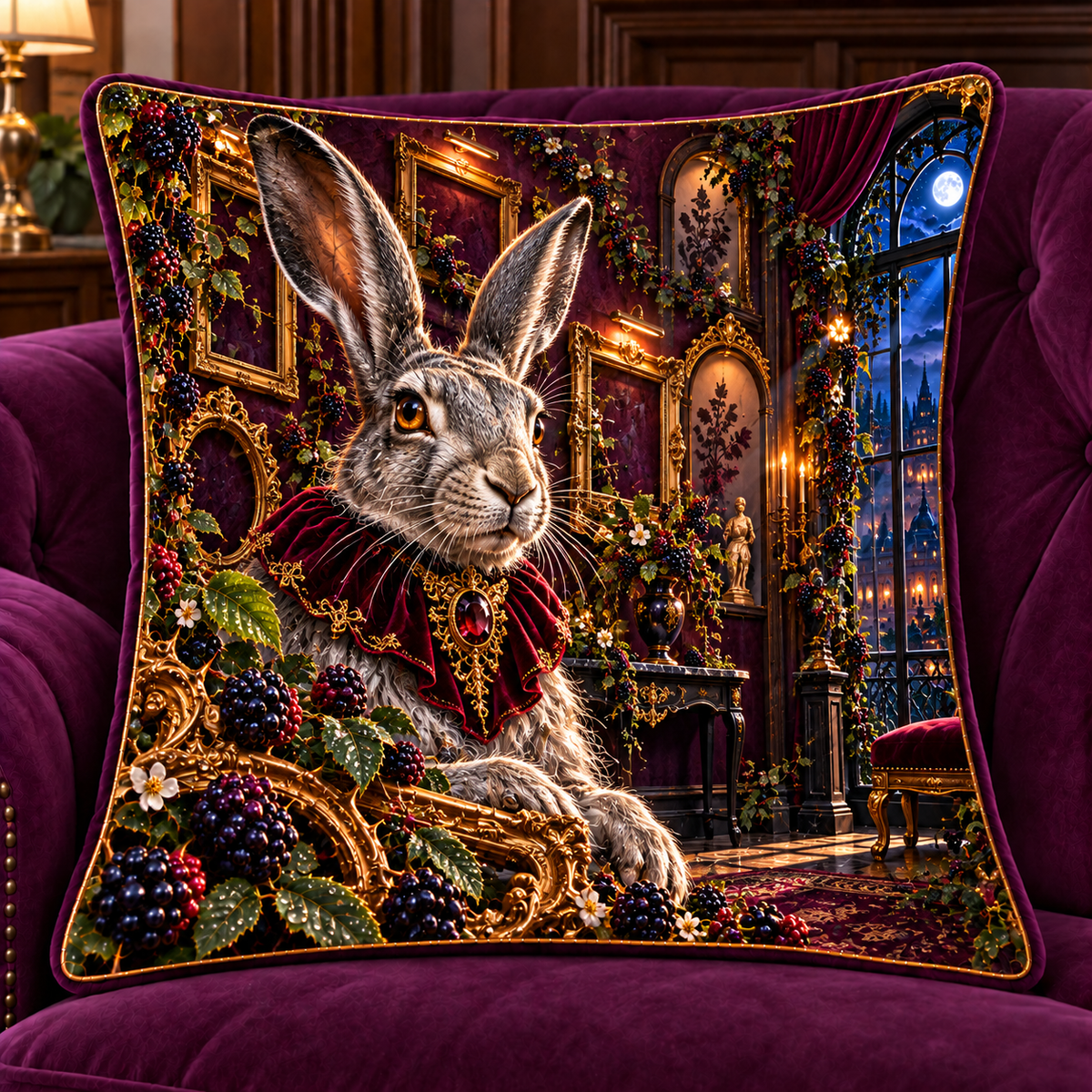 Bramble Hare Gallery Quilted Cushion Cover with printed optical 3D artwork in its use setting