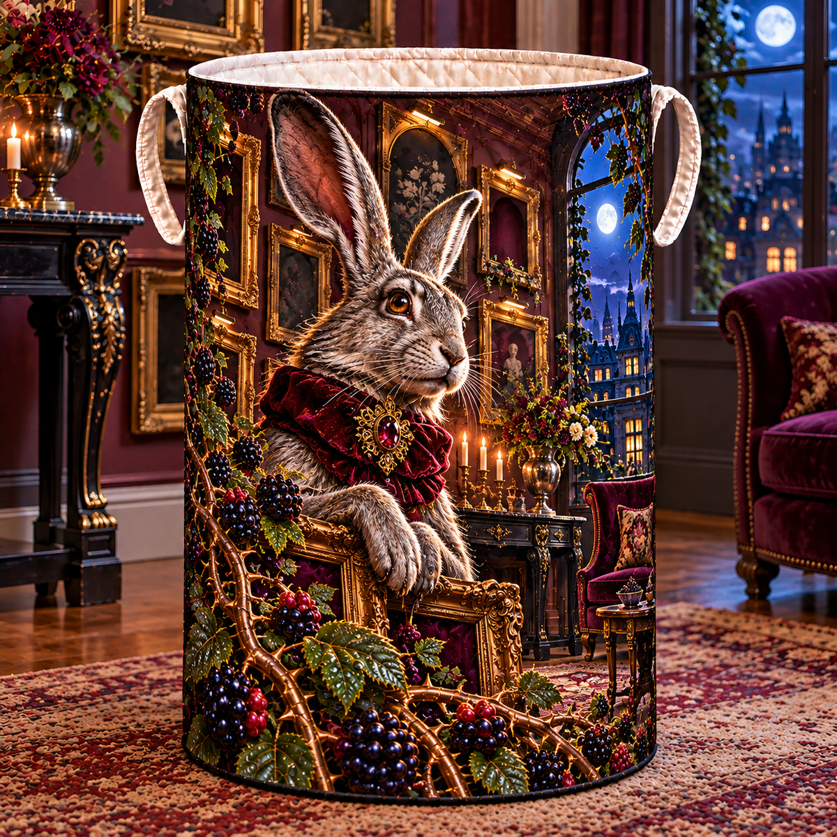 Bramble Hare Gallery Laundry Hamper with printed optical 3D artwork in its use setting