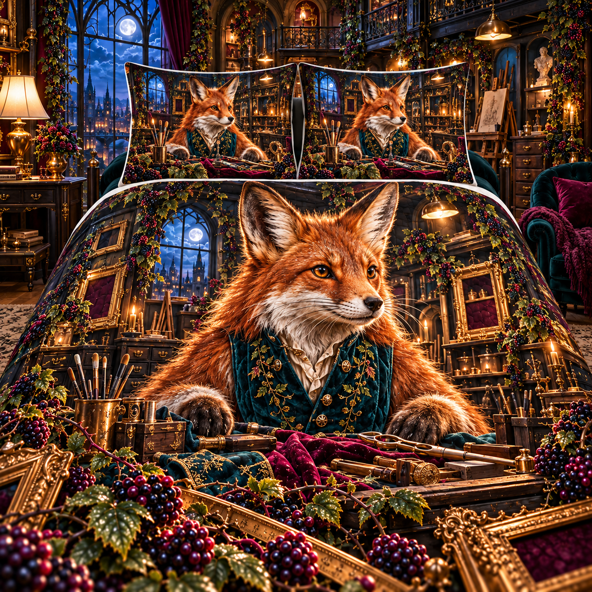 Bramble Fox Atelier Quilted Bedding Set with printed optical 3D artwork in its use setting