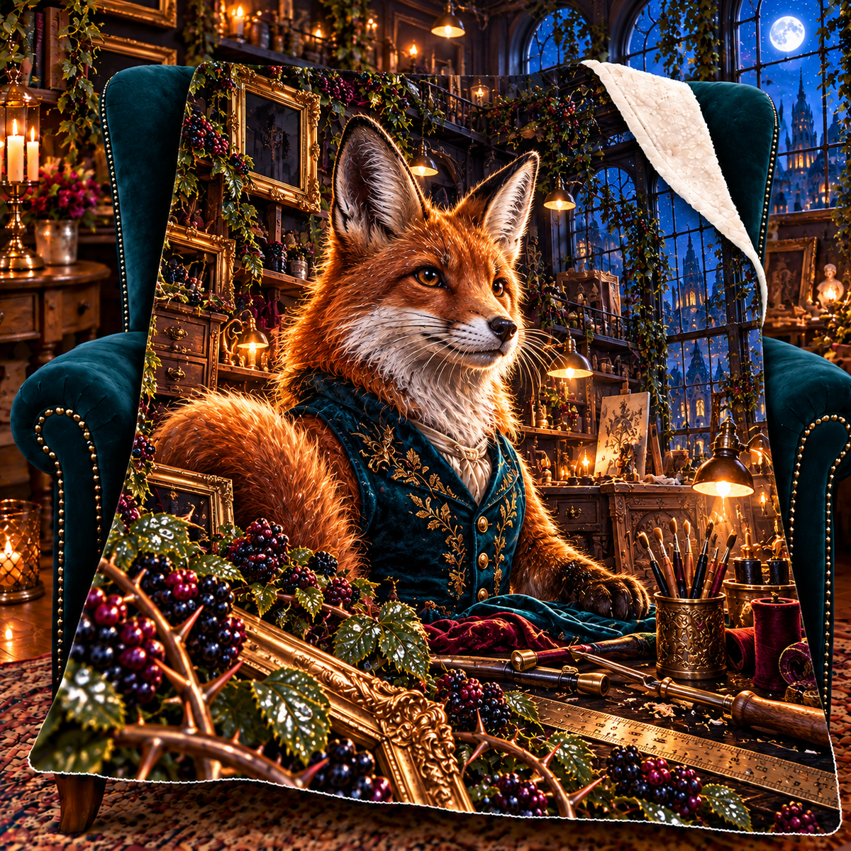 Bramble Fox Atelier Sherpa & Fleece Blanket with printed optical 3D artwork in its use setting