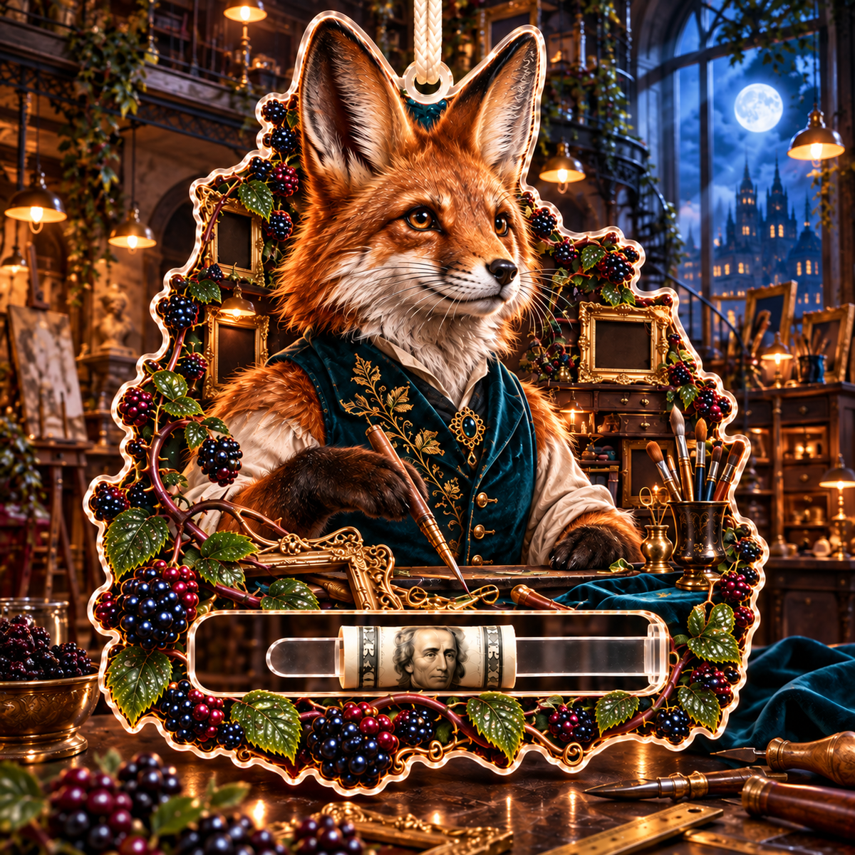 Bramble Fox Atelier Acrylic Cash Holder Ornament with printed optical 3D artwork in its use setting