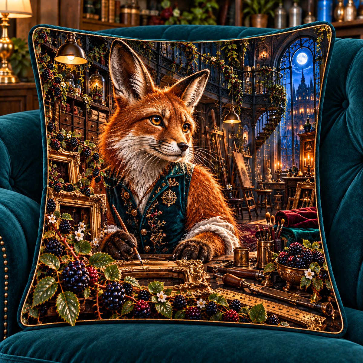 Bramble Fox Atelier Quilted Cushion Cover with printed optical 3D artwork in its use setting