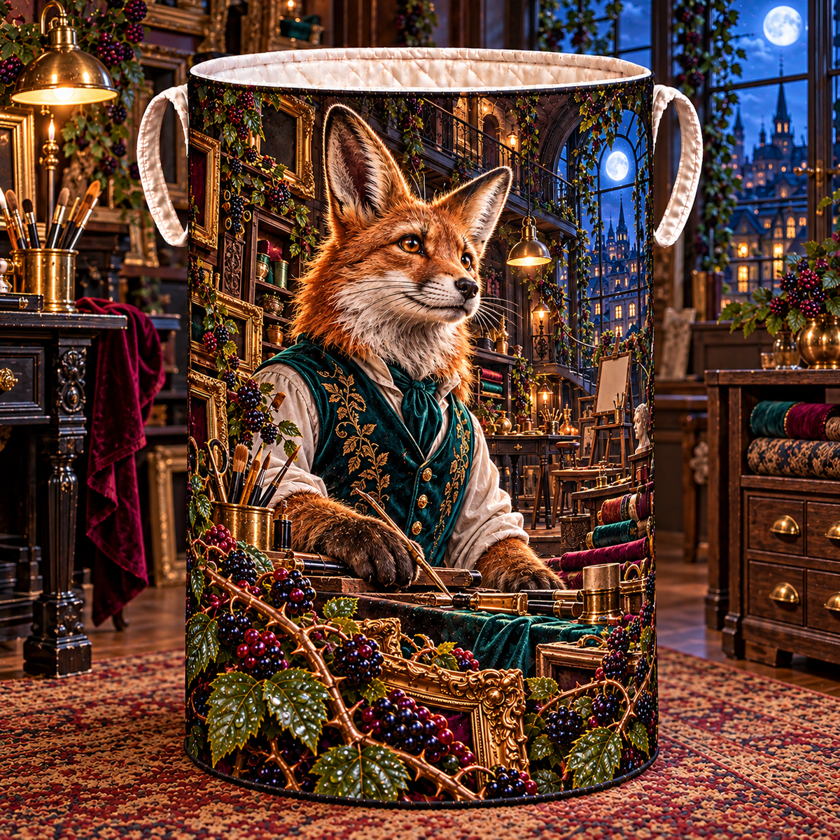Bramble Fox Atelier Laundry Hamper with printed optical 3D artwork in its use setting