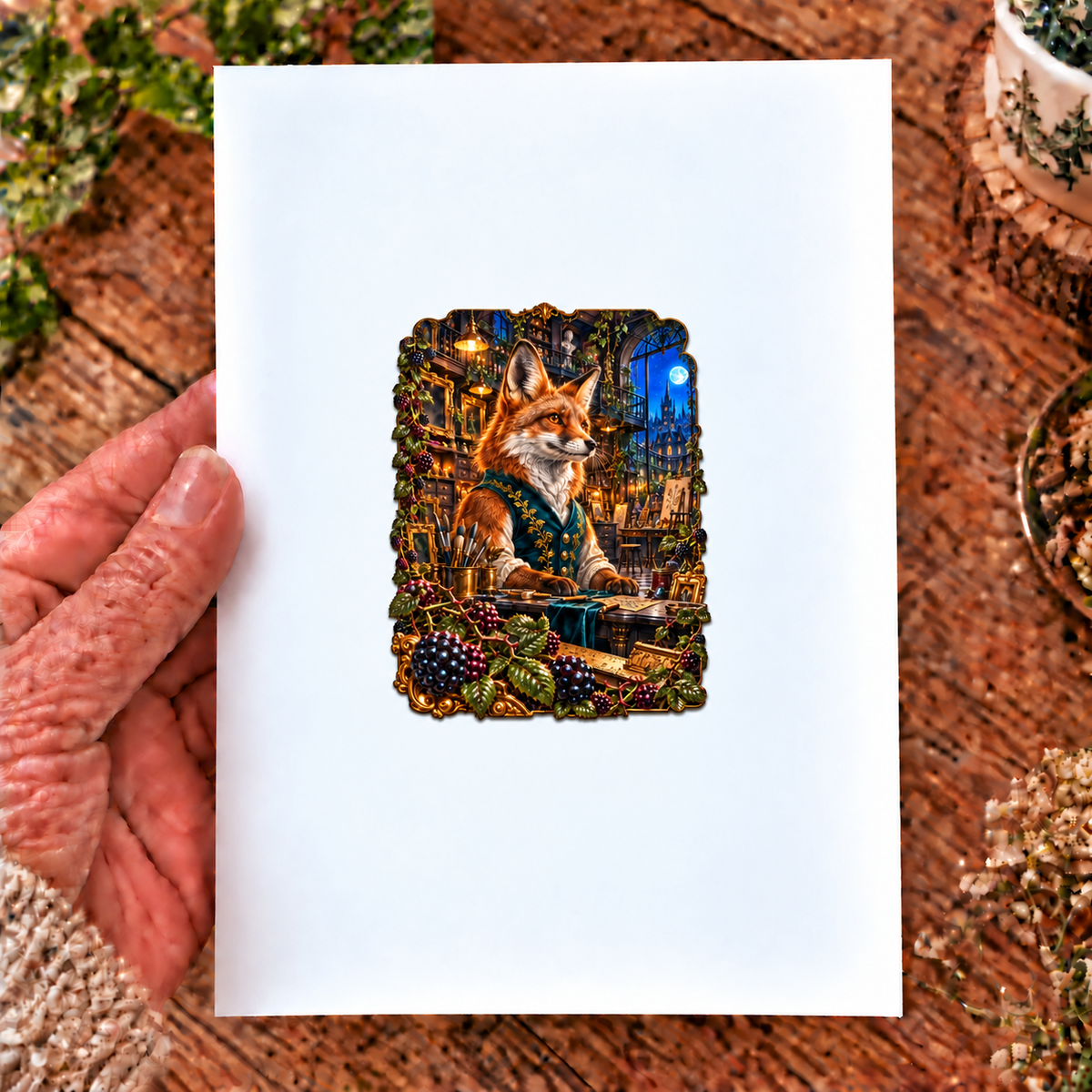 Bramble Fox Atelier Acrylic Refrigerator Magnet with printed optical 3D artwork in its use setting