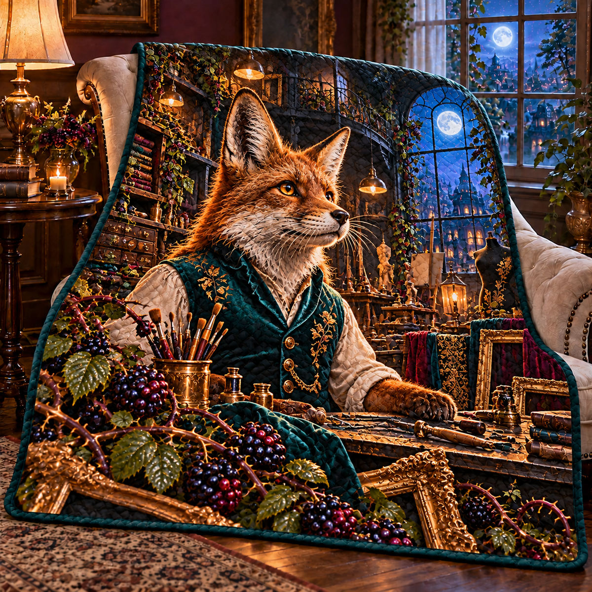 Bramble Fox Atelier Quilt Blanket with printed optical 3D artwork in its use setting