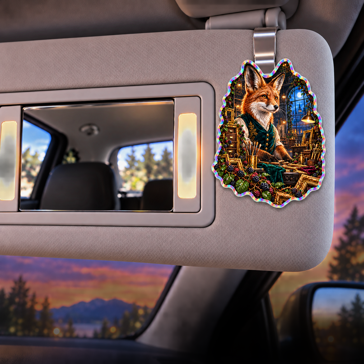 Bramble Fox Atelier Holographic Car Visor Clip with printed optical 3D artwork in its use setting