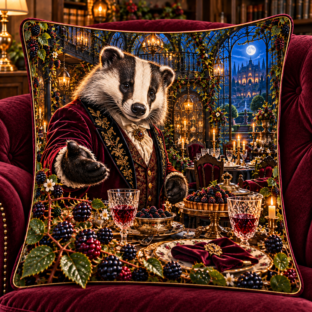 Bramble Badger Supper Salon Quilted Cushion Cover with printed optical 3D artwork in its use setting