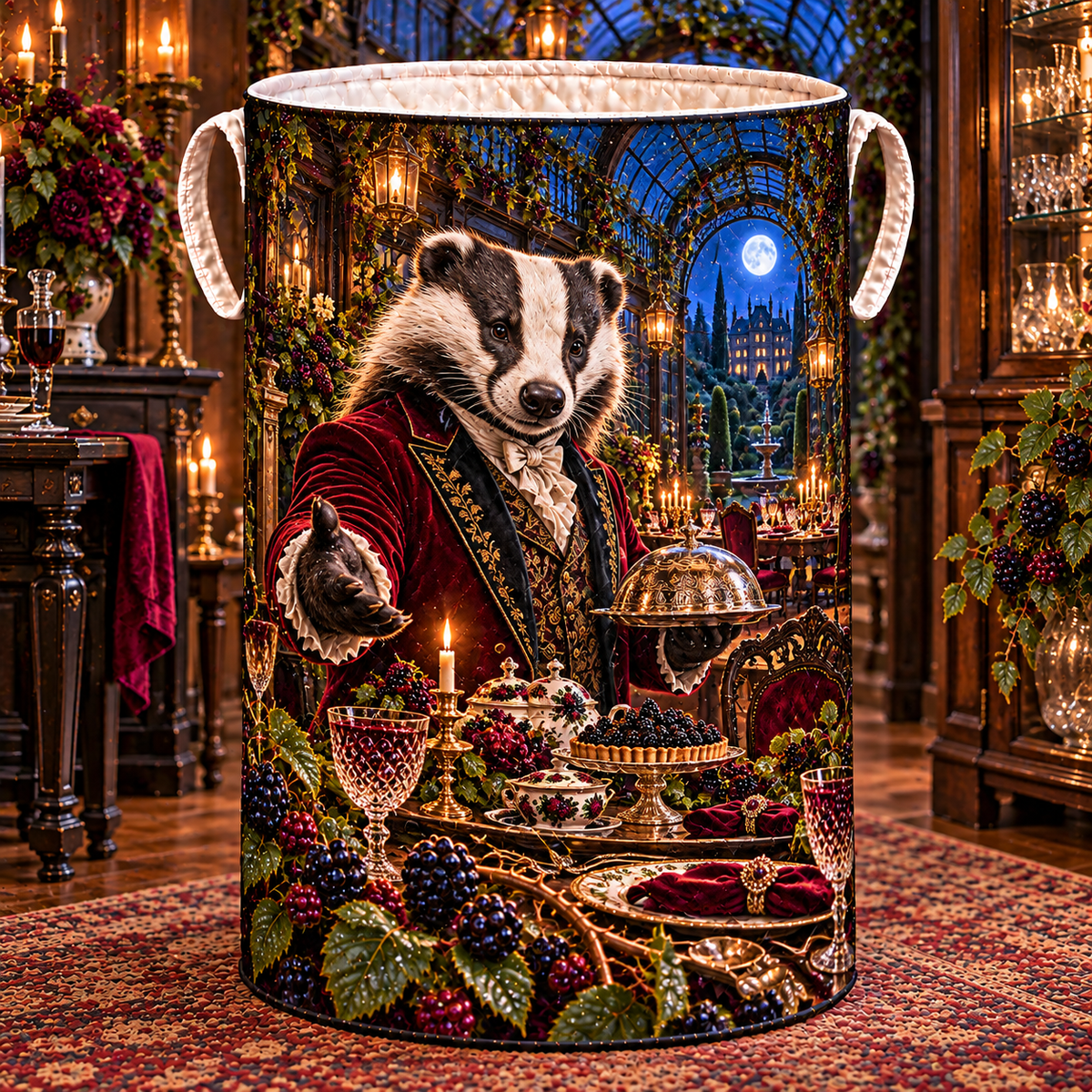 Bramble Badger Supper Salon Laundry Hamper with printed optical 3D artwork in its use setting