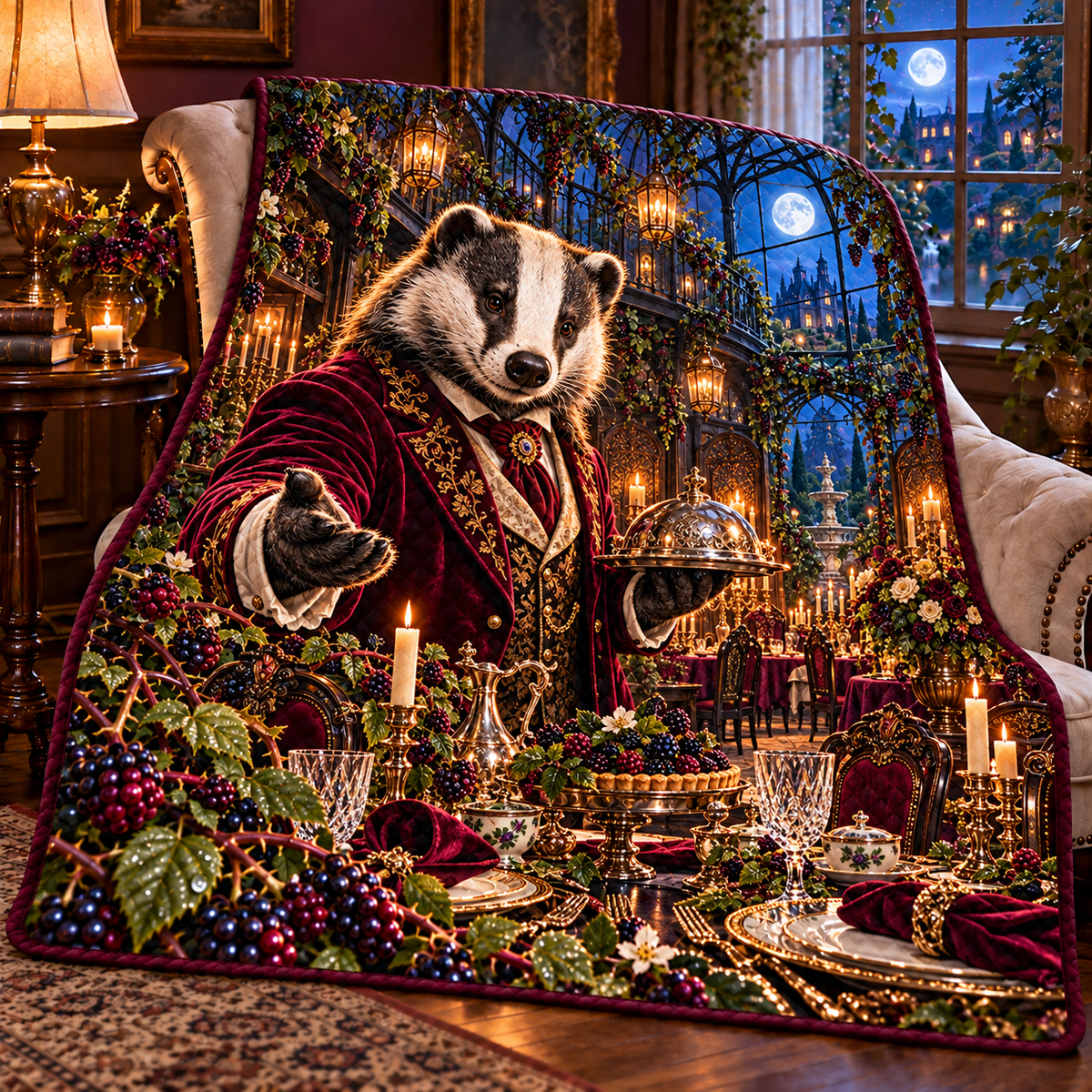 Bramble Badger Supper Salon Quilt Blanket with printed optical 3D artwork in its use setting