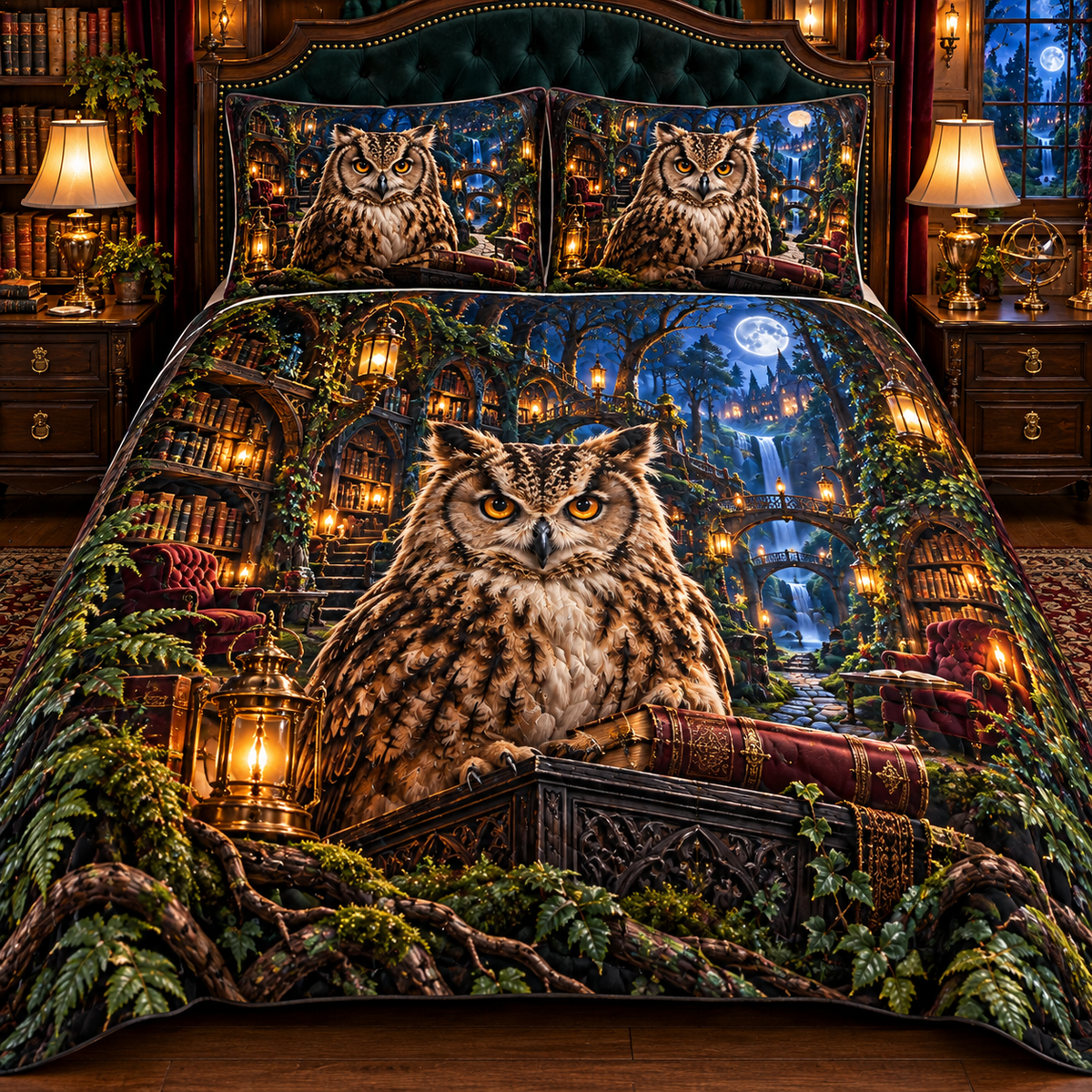 Lantern Owl Reading Path Quilted Bedding Set with printed optical 3D artwork in its use setting