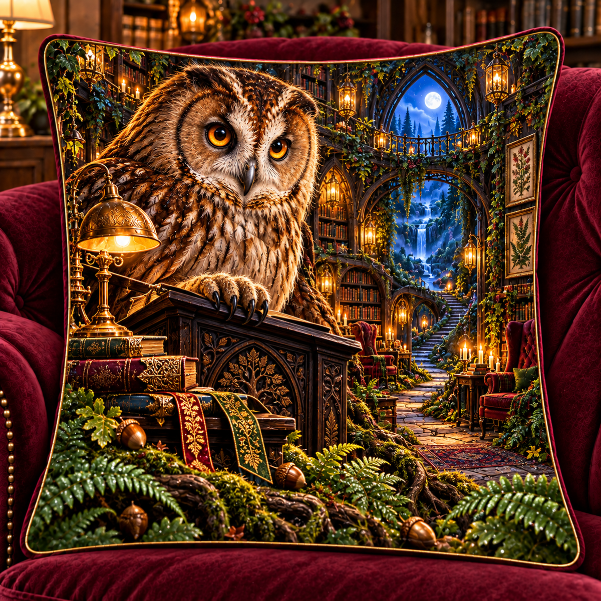 Lantern Owl Reading Path Quilted Cushion Cover with printed optical 3D artwork in its use setting