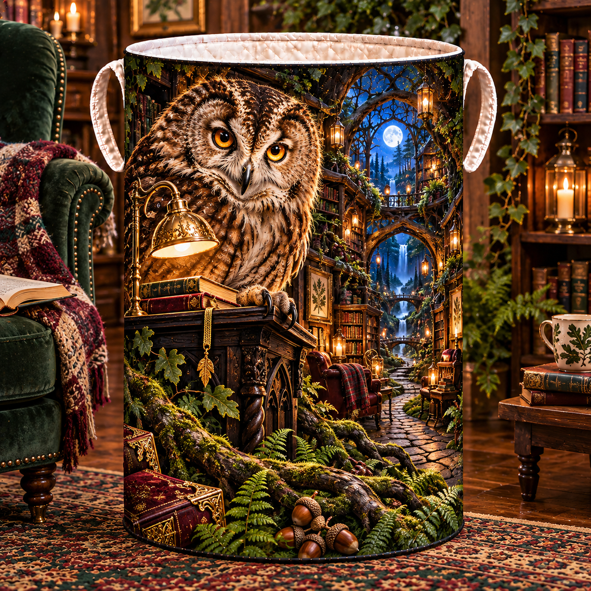 Lantern Owl Reading Path Laundry Hamper with printed optical 3D artwork in its use setting