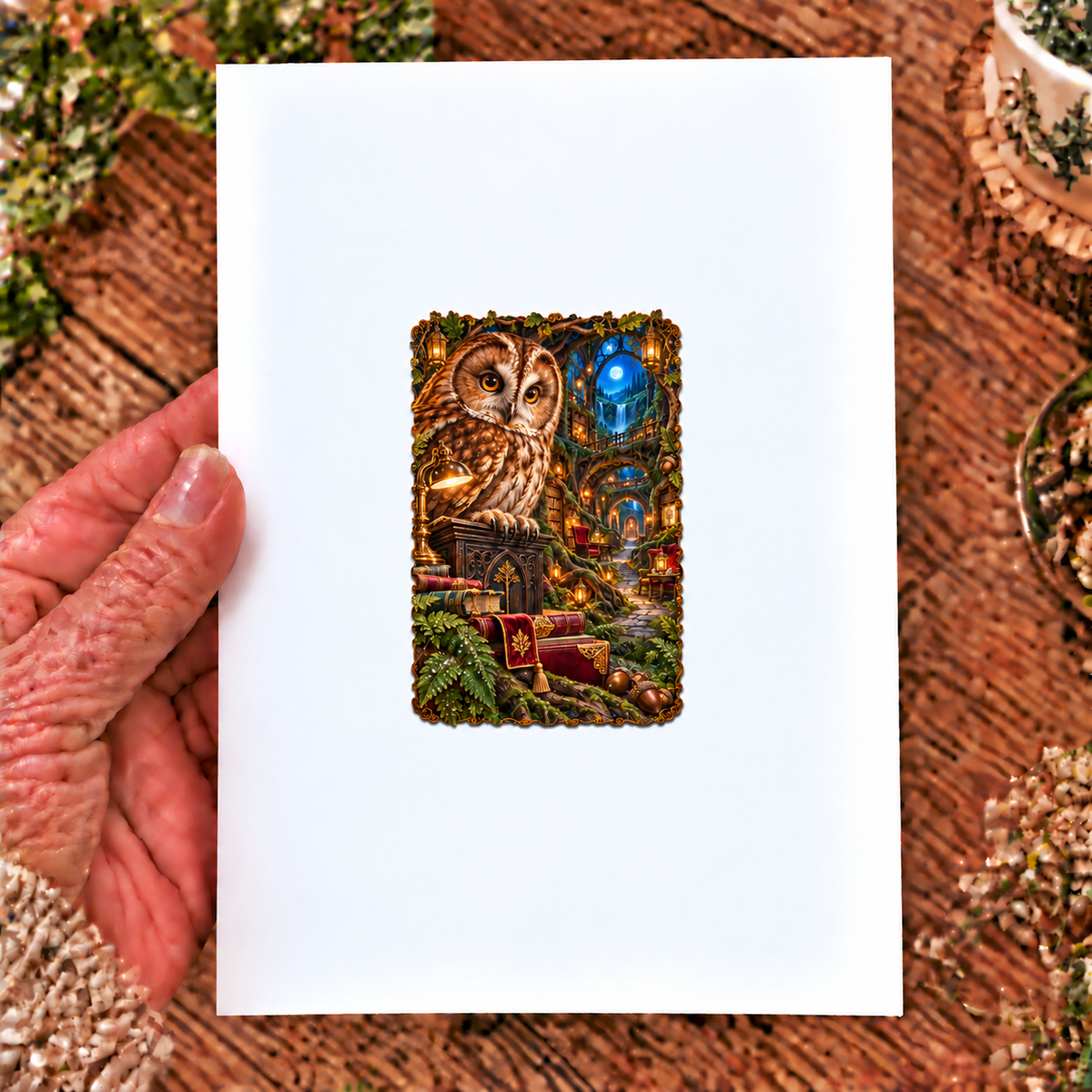 Lantern Owl Reading Path Acrylic Refrigerator Magnet with printed optical 3D artwork in its use setting
