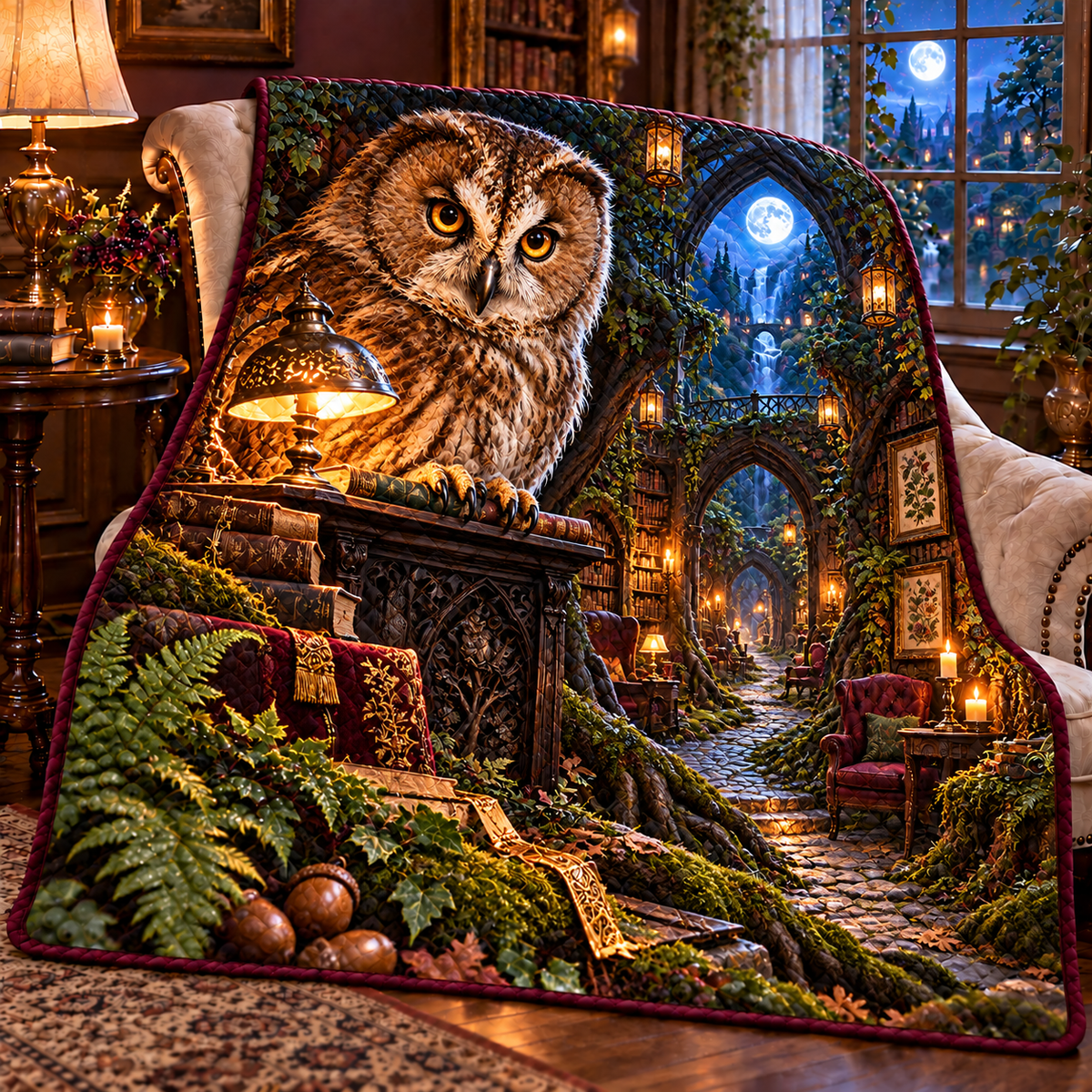 Lantern Owl Reading Path Quilt Blanket with printed optical 3D artwork in its use setting