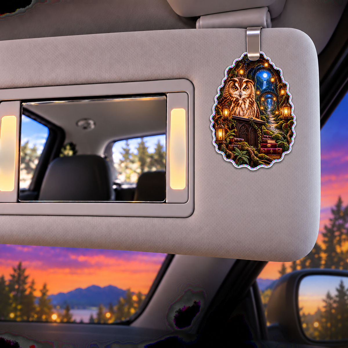 Lantern Owl Reading Path Holographic Car Visor Clip with printed optical 3D artwork in its use setting