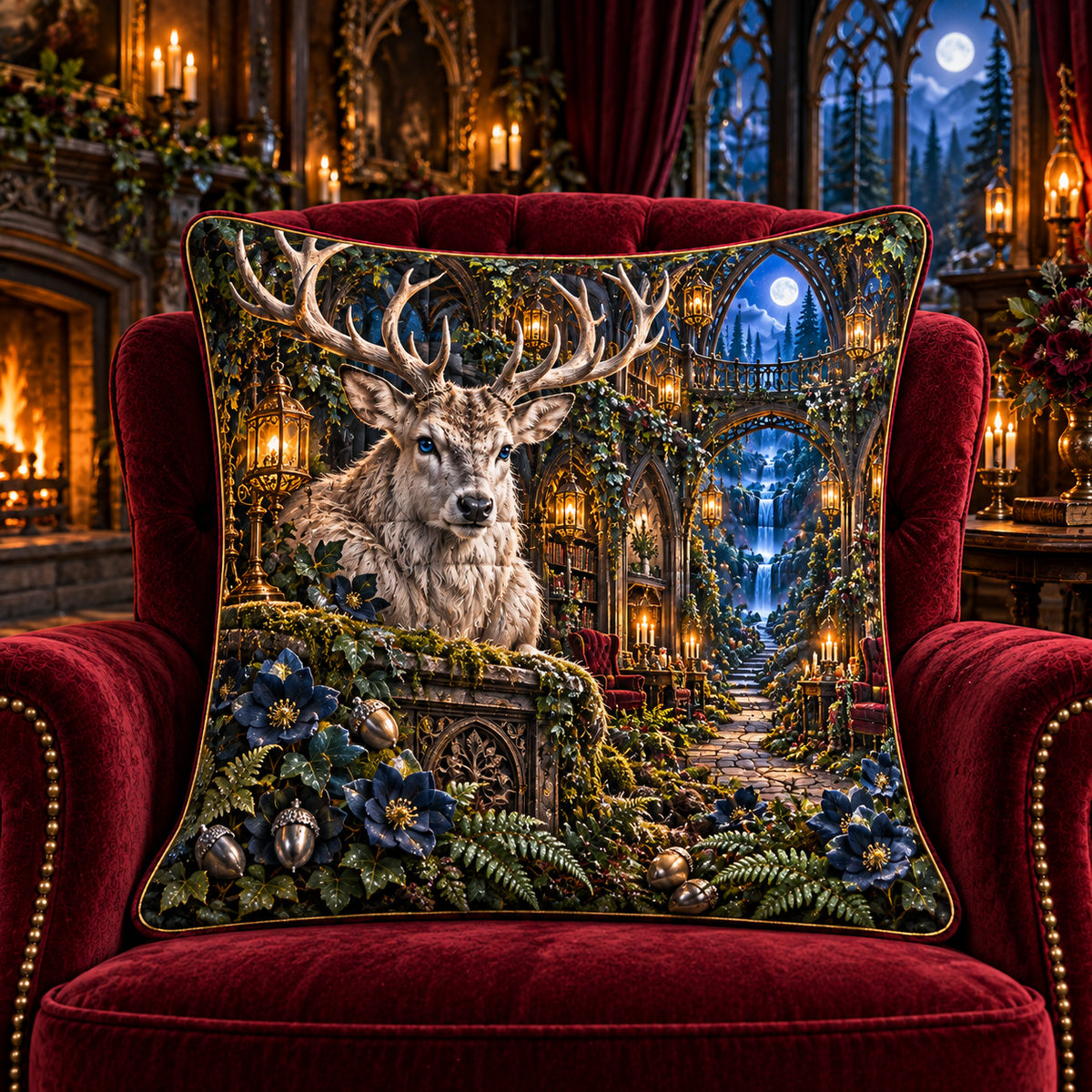 Moonlit Stag Canopy Path Quilted Cushion Cover with printed optical 3D artwork in its use setting
