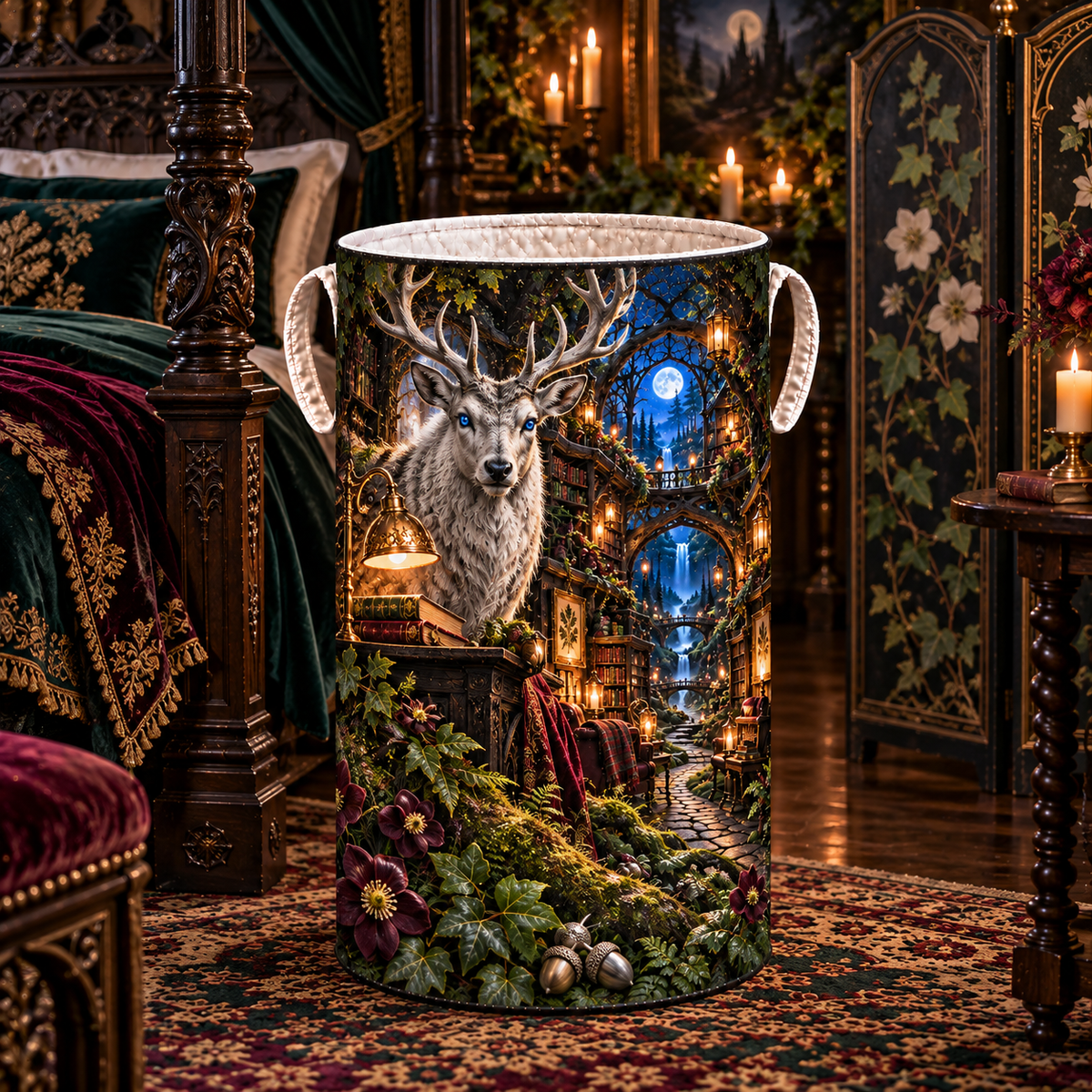 Moonlit Stag Canopy Path Laundry Hamper with printed optical 3D artwork in its use setting