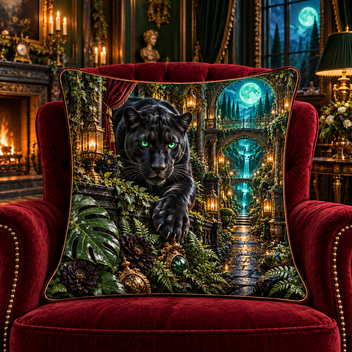 Emerald Panther Manor Path Quilted Cushion Cover with printed optical 3D artwork in its use setting
