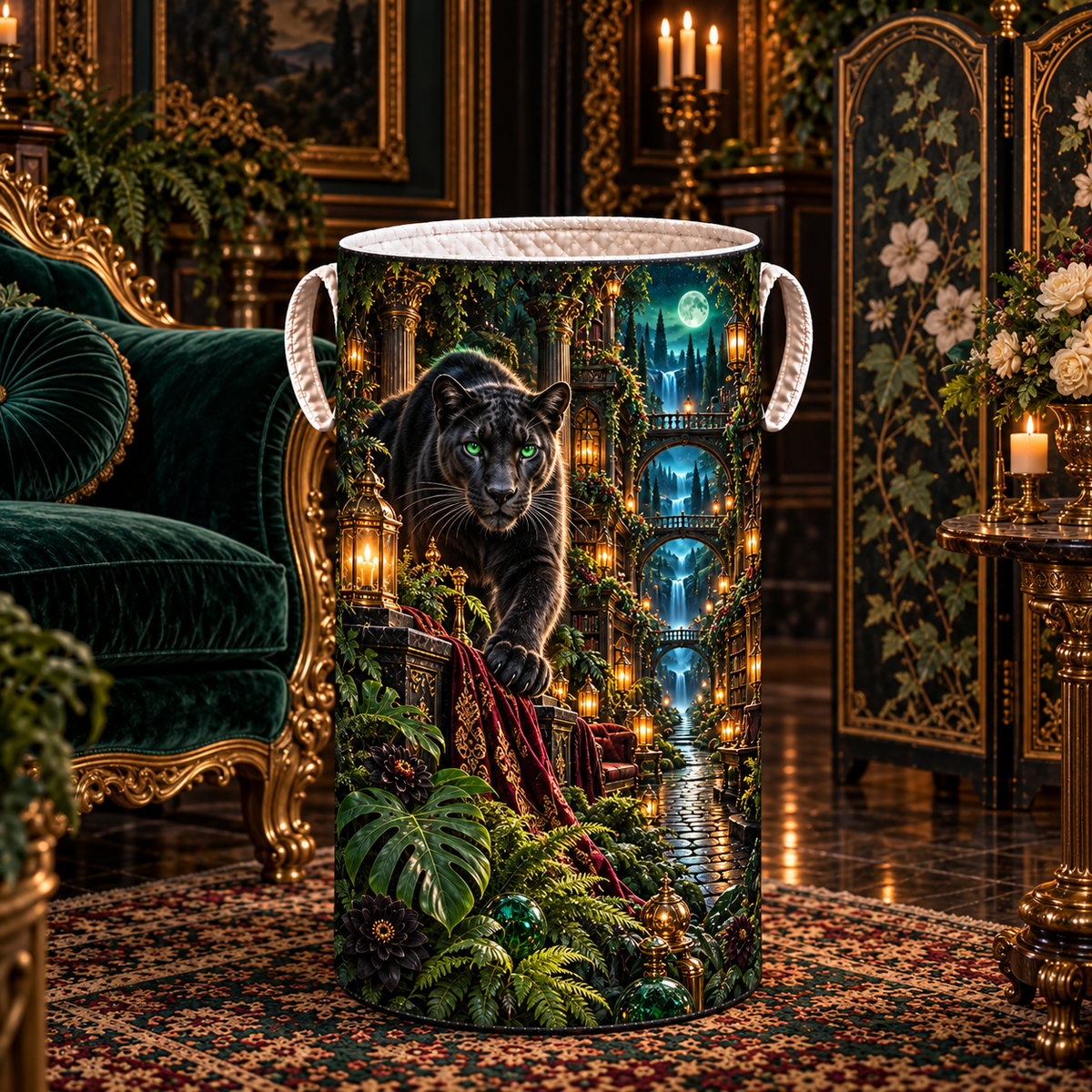 Emerald Panther Manor Path Laundry Hamper with printed optical 3D artwork in its use setting