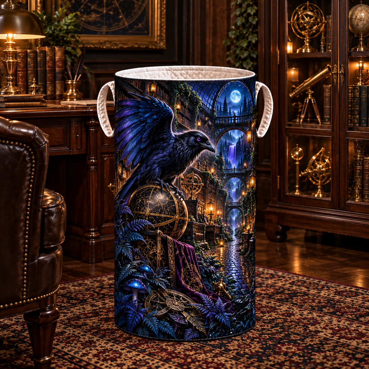 Midnight Raven Observatory Path Laundry Hamper with printed optical 3D artwork in its use setting