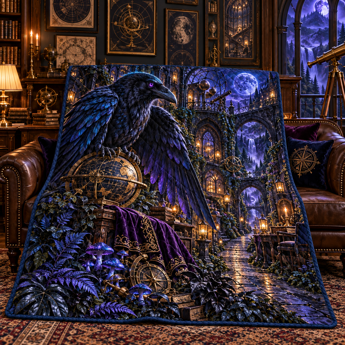 Midnight Raven Observatory Path Quilt Blanket with printed optical 3D artwork in its use setting