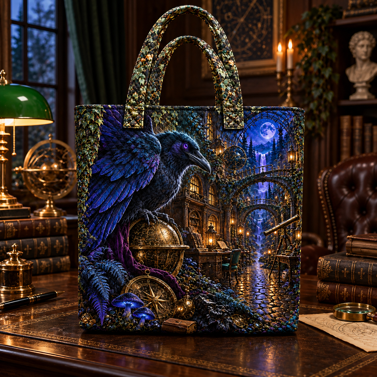 Midnight Raven Observatory Path Quilted Tote Bag with printed optical 3D artwork in its use setting